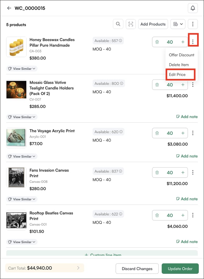 edit price of line item